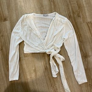 Zara White Ribbed Long Sleeve Top, Tie-Front